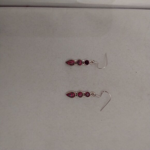 New 1 Inch Dangle Garnet and Fire Opal 925 Sterling Silver Earrings - Picture 4 of 5